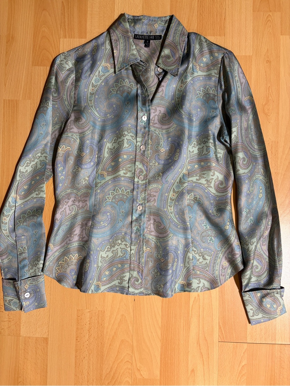 Lafayette 148 New York 100% Silk Light Blue & Sea Foam Paisley Button-Down Shirt - Picture 4 of 10